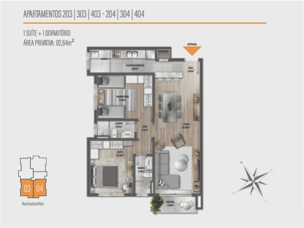 Planta apartamentos 203, 303, 403 - 204, 304 e 404